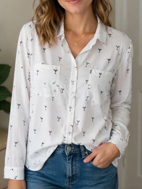 Per Se White Martini Print Button-Down Blouse 100% Rayon Lightweight Chic Casual